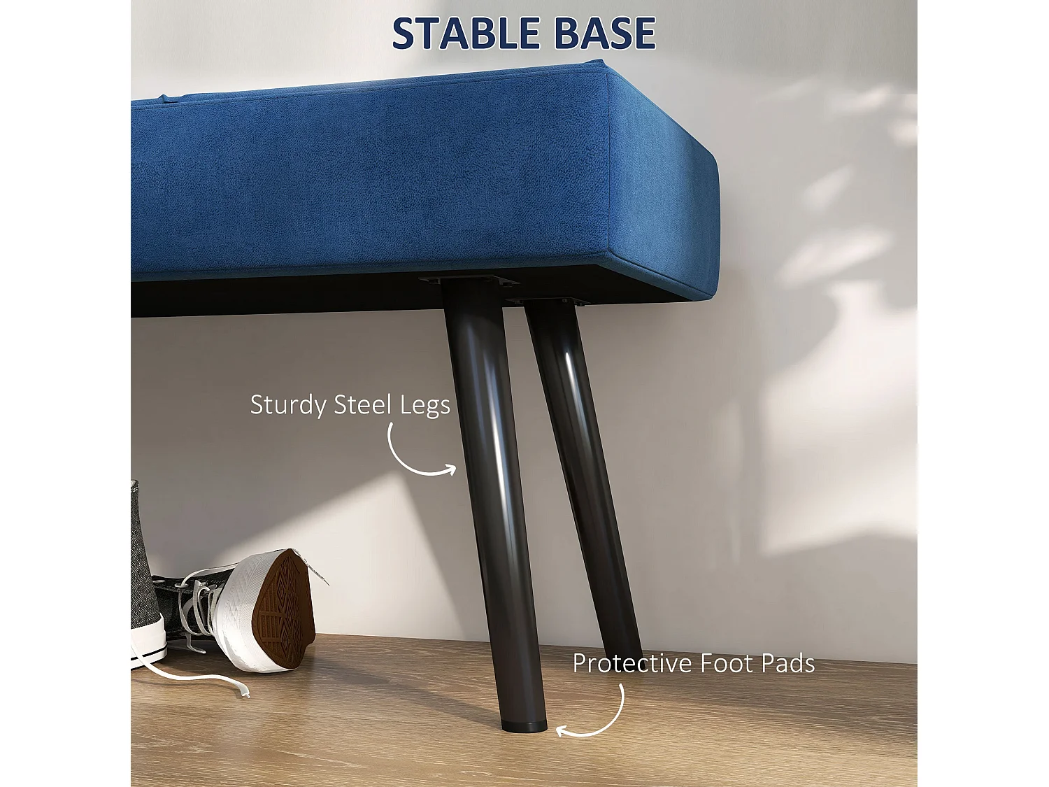Mazuka Blue Velvet Feel End of Bed Bench with X Stitching Black Powder Coated Metal Legs
