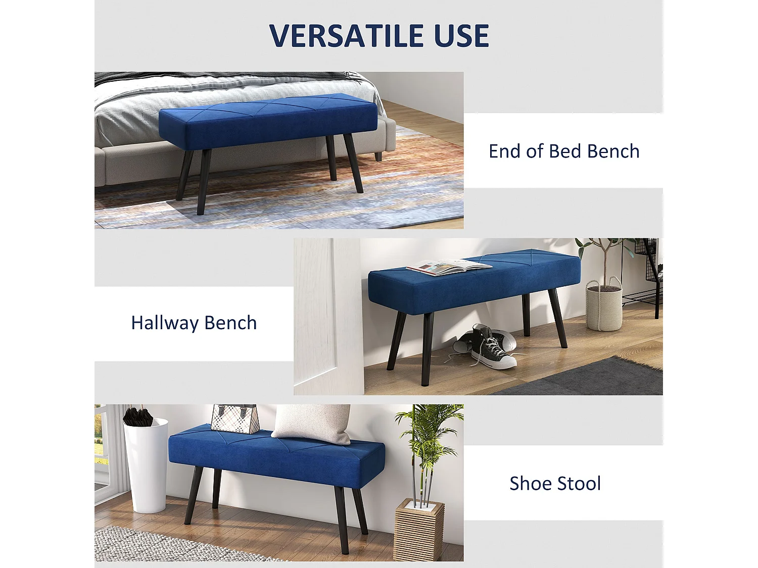 Mazuka Blue Velvet Feel End of Bed Bench with X Stitching Black Powder Coated Metal Legs