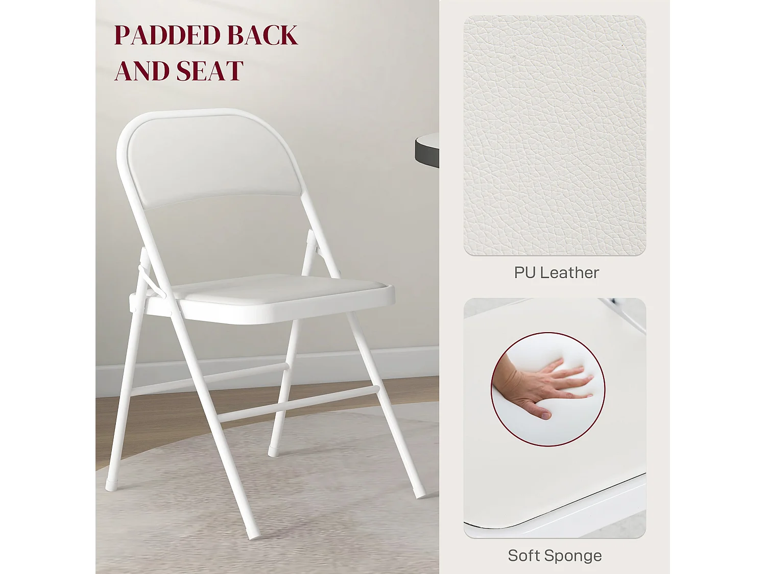 Lofano Set of 2 White Cushioned Folding Chairs Metal Frame Padded Seat and Back