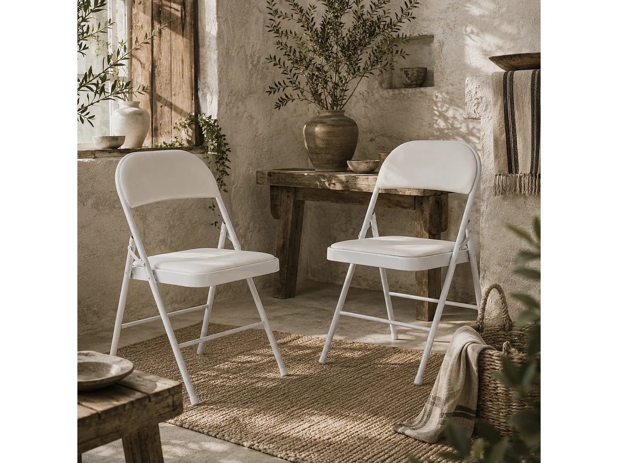 Lofano Set of 2 White Cushioned Folding Chairs Metal Frame Padded Seat and Back