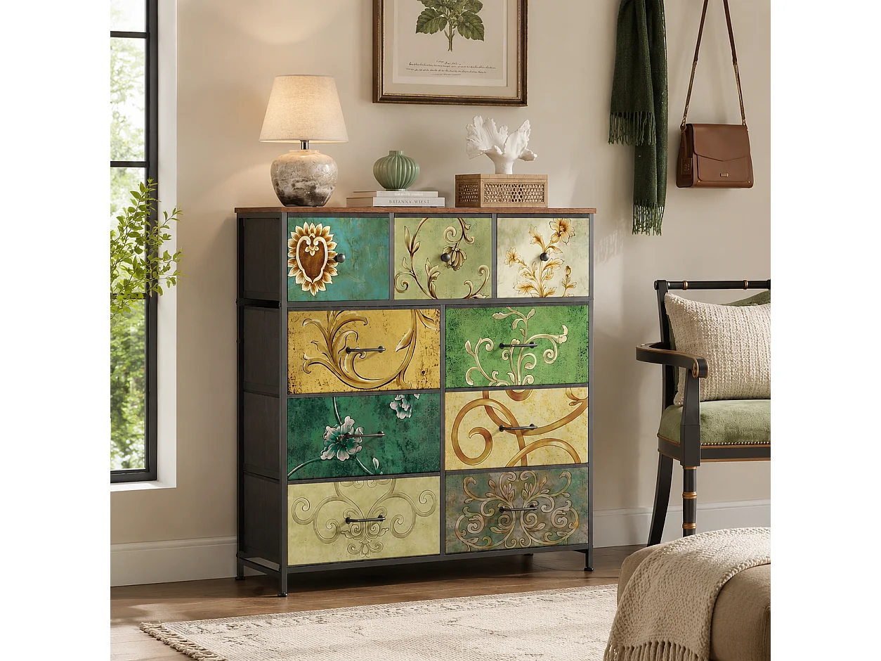 Commode à 9 Tiroirs 100x30x100 cm, Commode Chambre avec tiroirs en Tissu, Meuble de Rangement, avec Plateau en Bois, pour Salon, Chambre à Coucher