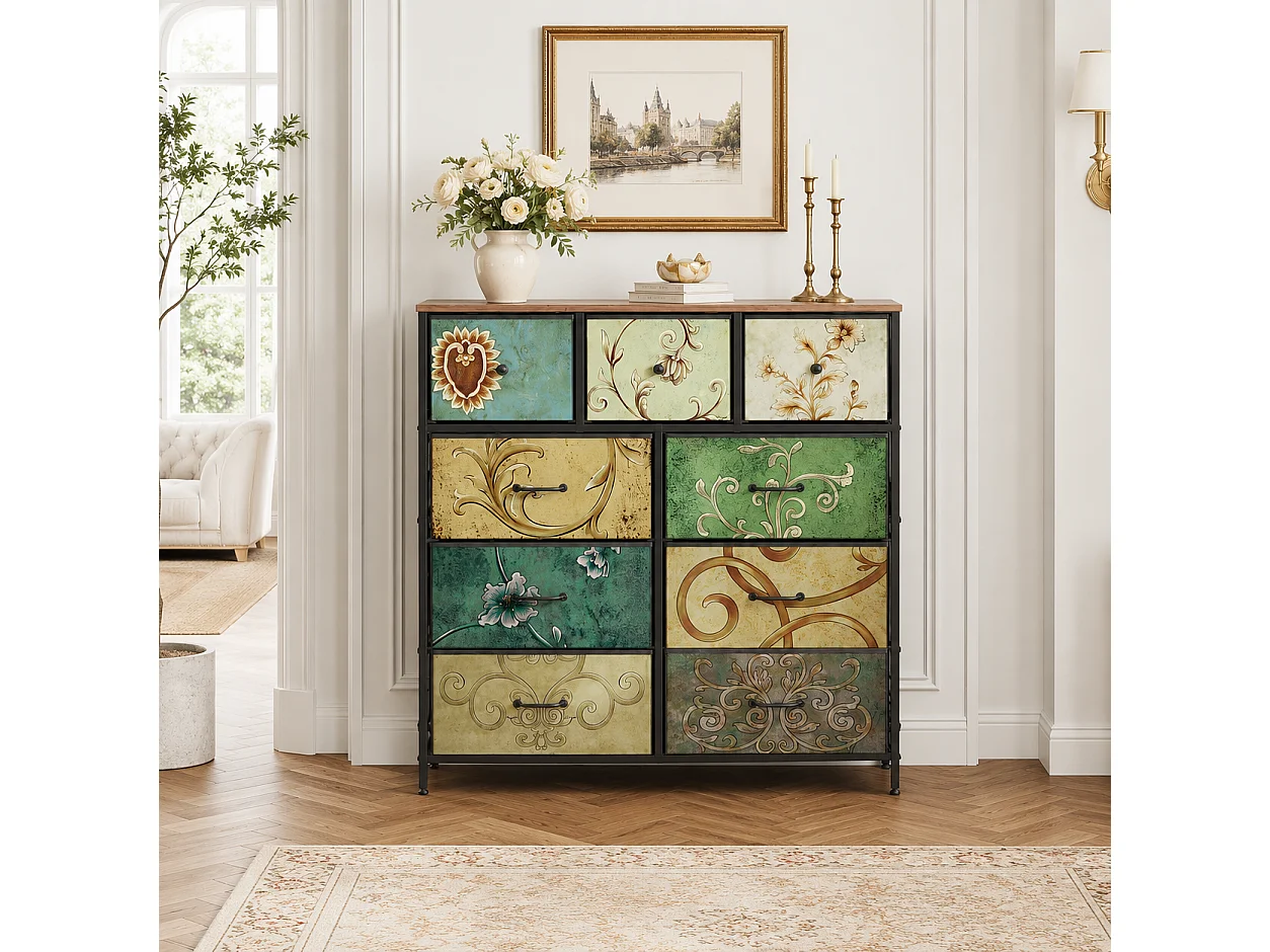 Commode à 9 Tiroirs 100x30x100 cm, Commode Chambre avec tiroirs en Tissu, Meuble de Rangement, avec Plateau en Bois, pour Salon, Chambre à Coucher