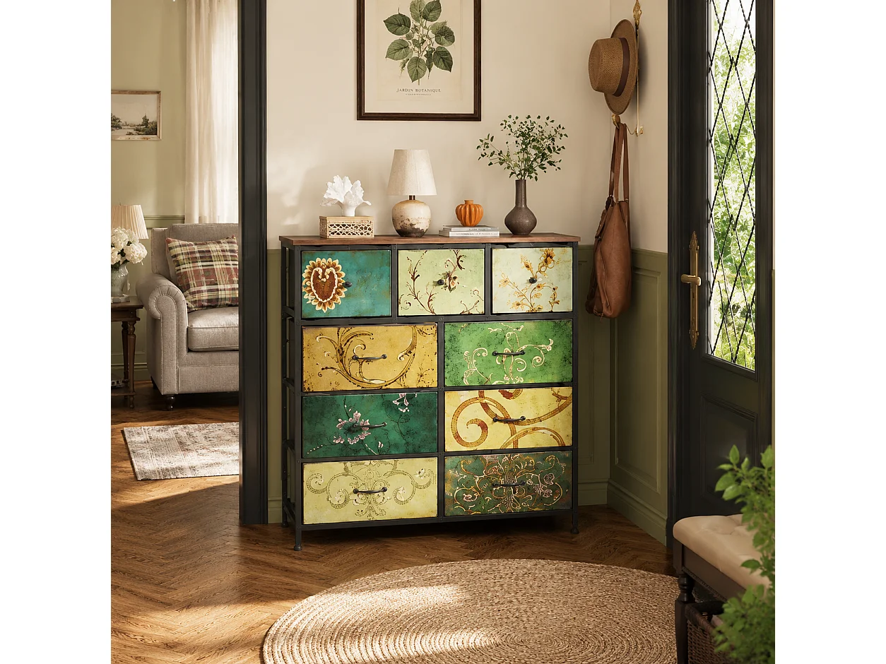 Commode à 9 Tiroirs 100x30x100 cm, Commode Chambre avec tiroirs en Tissu, Meuble de Rangement, avec Plateau en Bois, pour Salon, Chambre à Coucher
