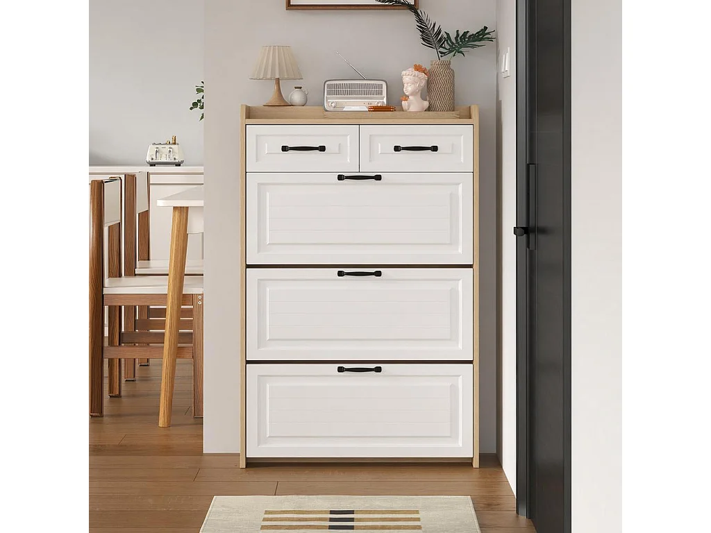 Shoe cabinet 80x23.5x125cm - with three large drop-down doors - with 2 drawers - white + natural