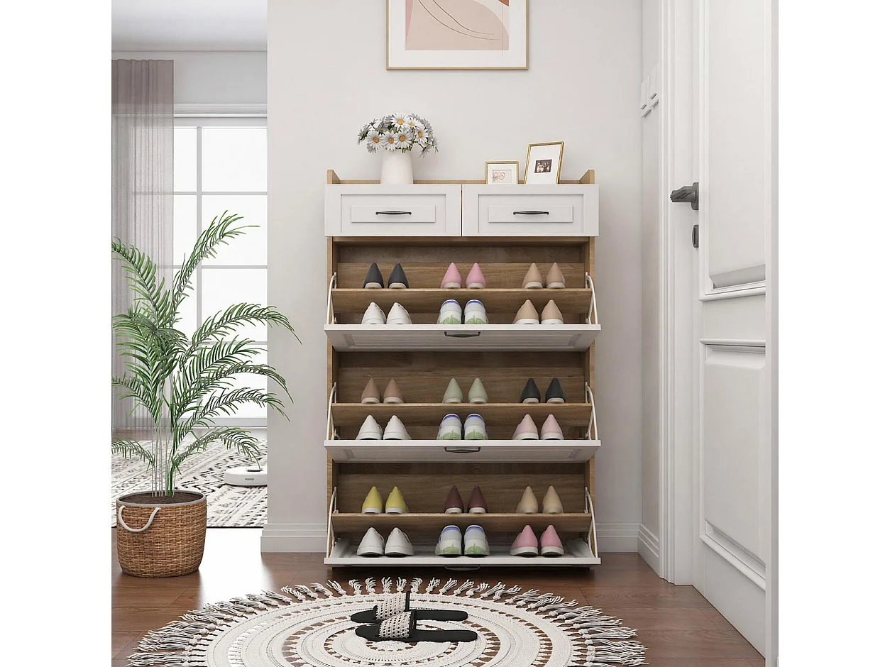 Shoe cabinet 80x23.5x125cm - with three large drop-down doors - with 2 drawers - white + natural
