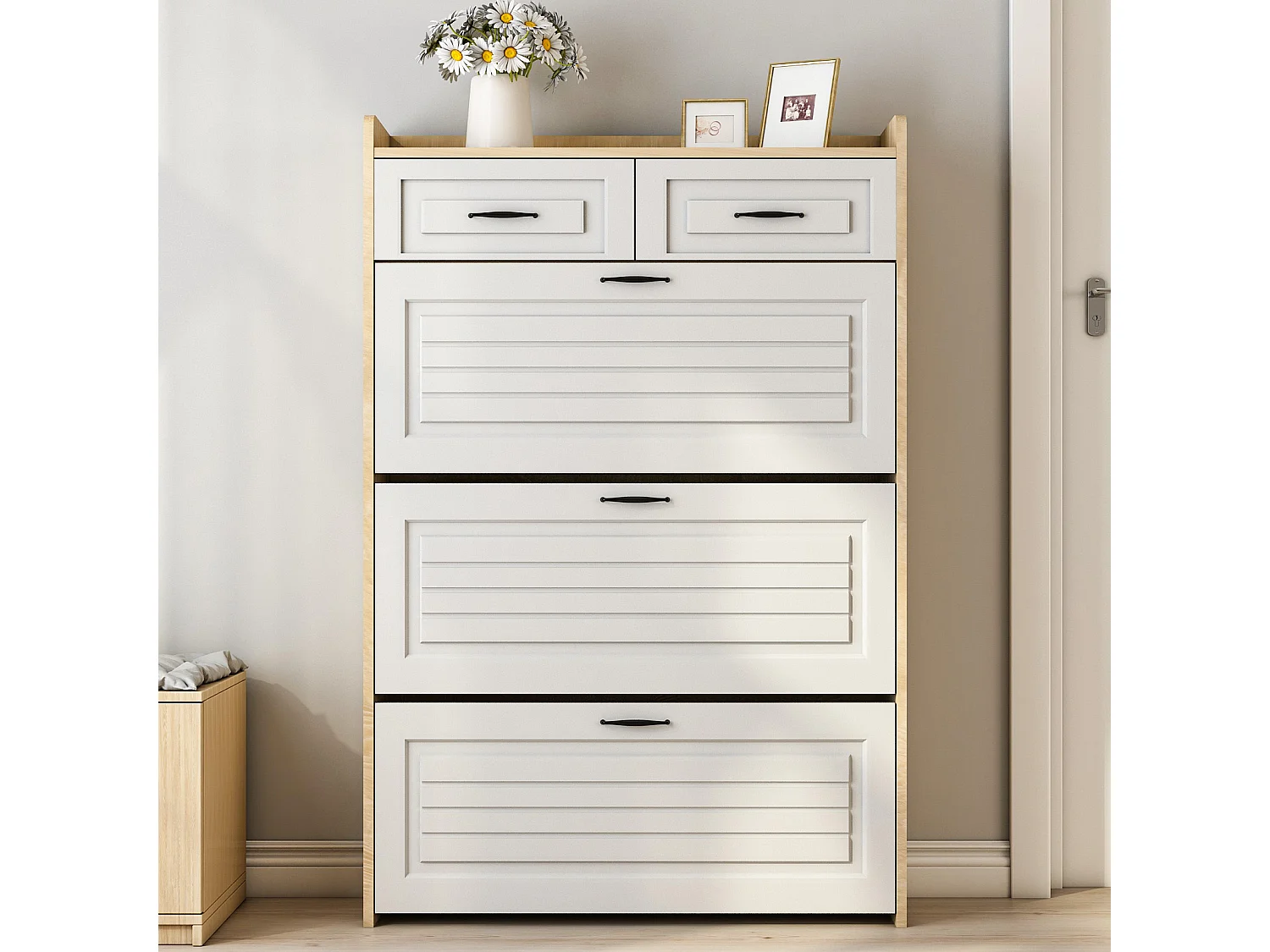 Shoe cabinet 80x23.5x125cm - with three large drop-down doors - with 2 drawers - white + natural