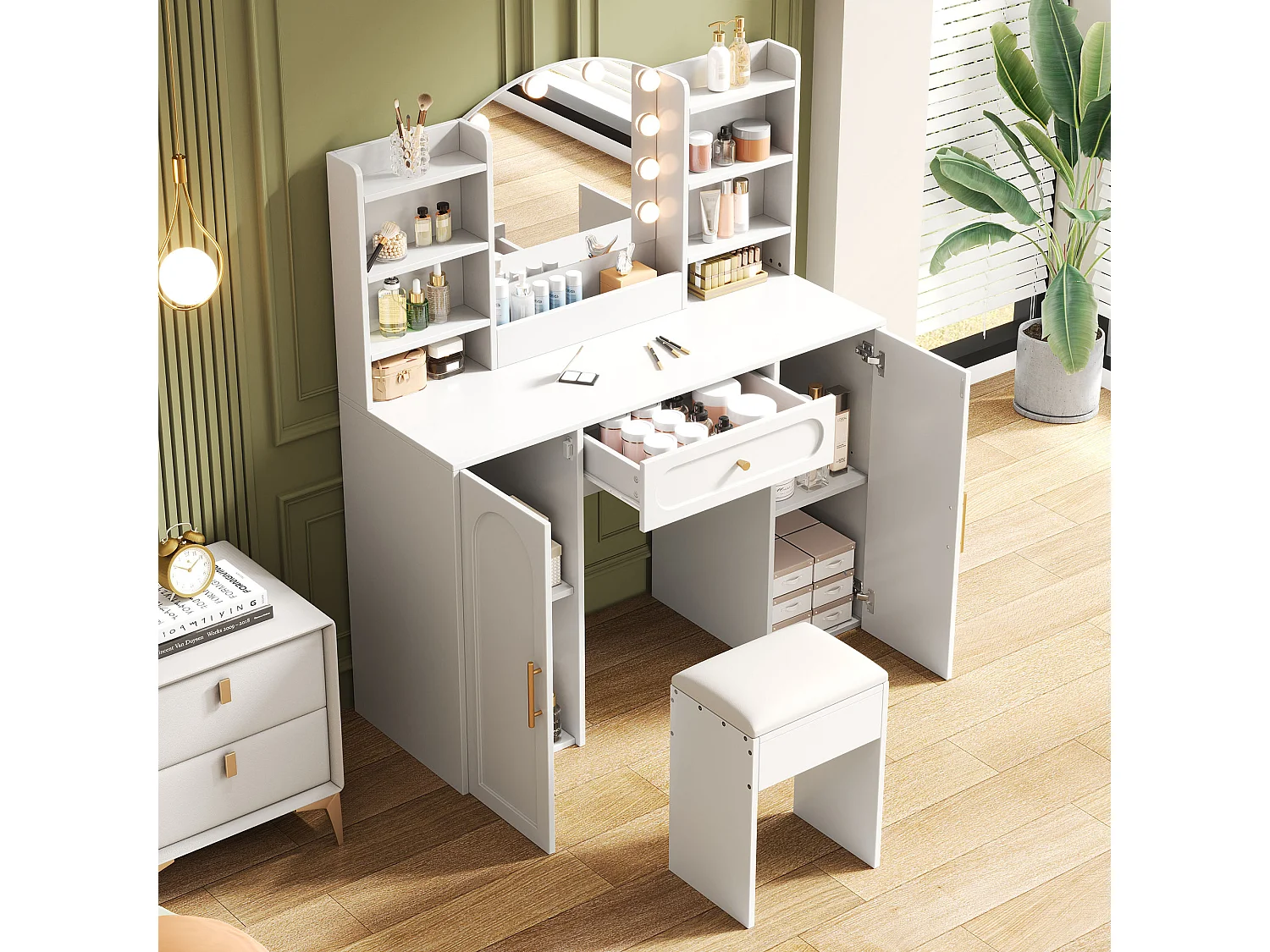 Dressing table with mirror 110x40x132 cm - with adjustable LED lighting - with 1 stool - with 1 drawer and 2 doors - white