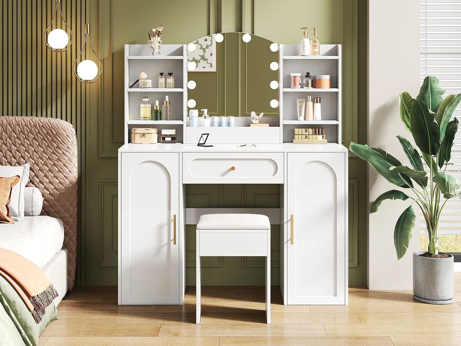 Dressing table with mirror 110x40x132 cm - with adjustable LED lighting - with 1 stool - with 1 drawer and 2 doors - white