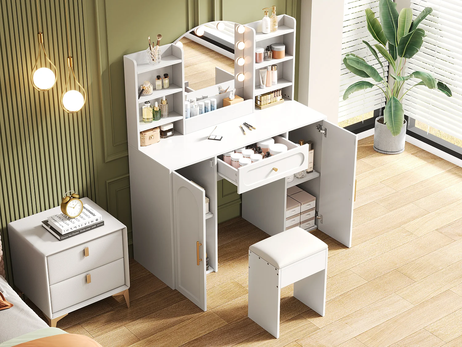 Dressing table with mirror 110x40x132 cm - with adjustable LED lighting - with 1 stool - with 1 drawer and 2 doors - white