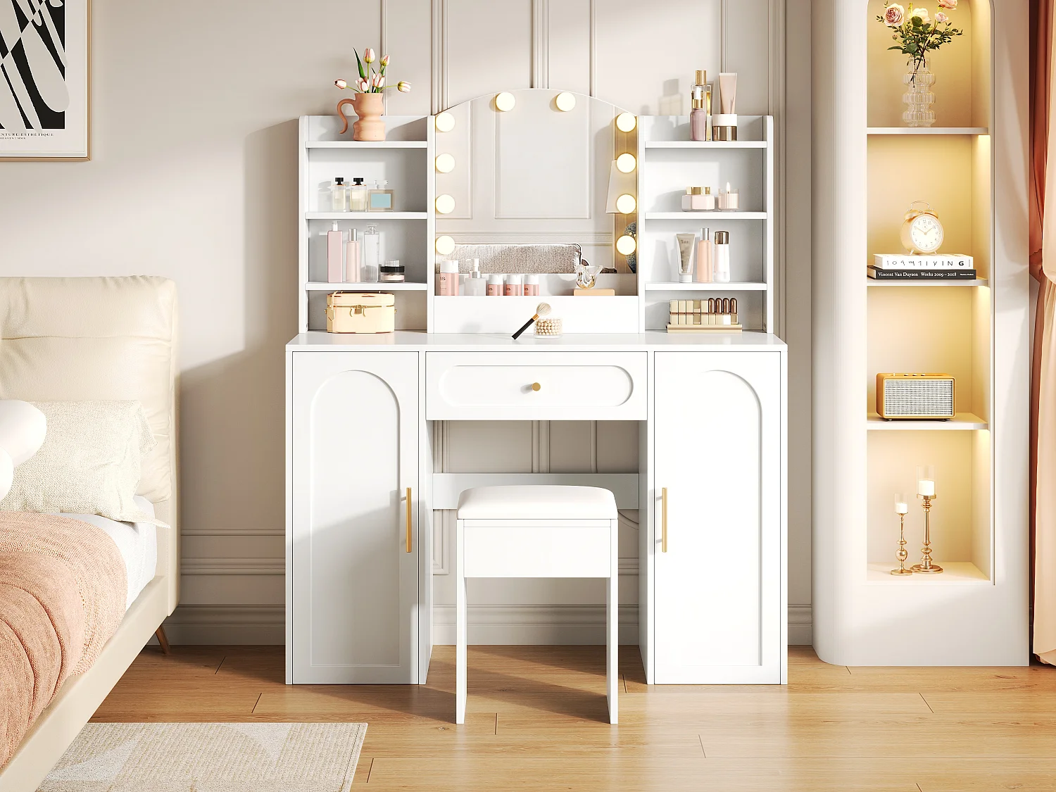 Dressing table with mirror 110x40x132 cm - with adjustable LED lighting - with 1 stool - with 1 drawer and 2 doors - white