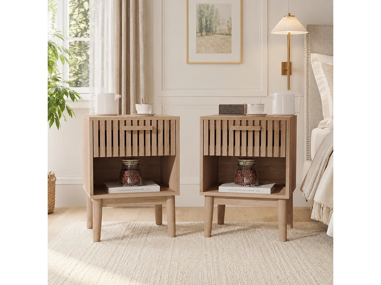 Lot de 2 Tables de Chevet Effet 40x35x55 cm, Tables de Nuit avec Tiroir et Compartiment Ouvert, Façade à Lattes, Poignée en Bois, Chevet Chambre Salon