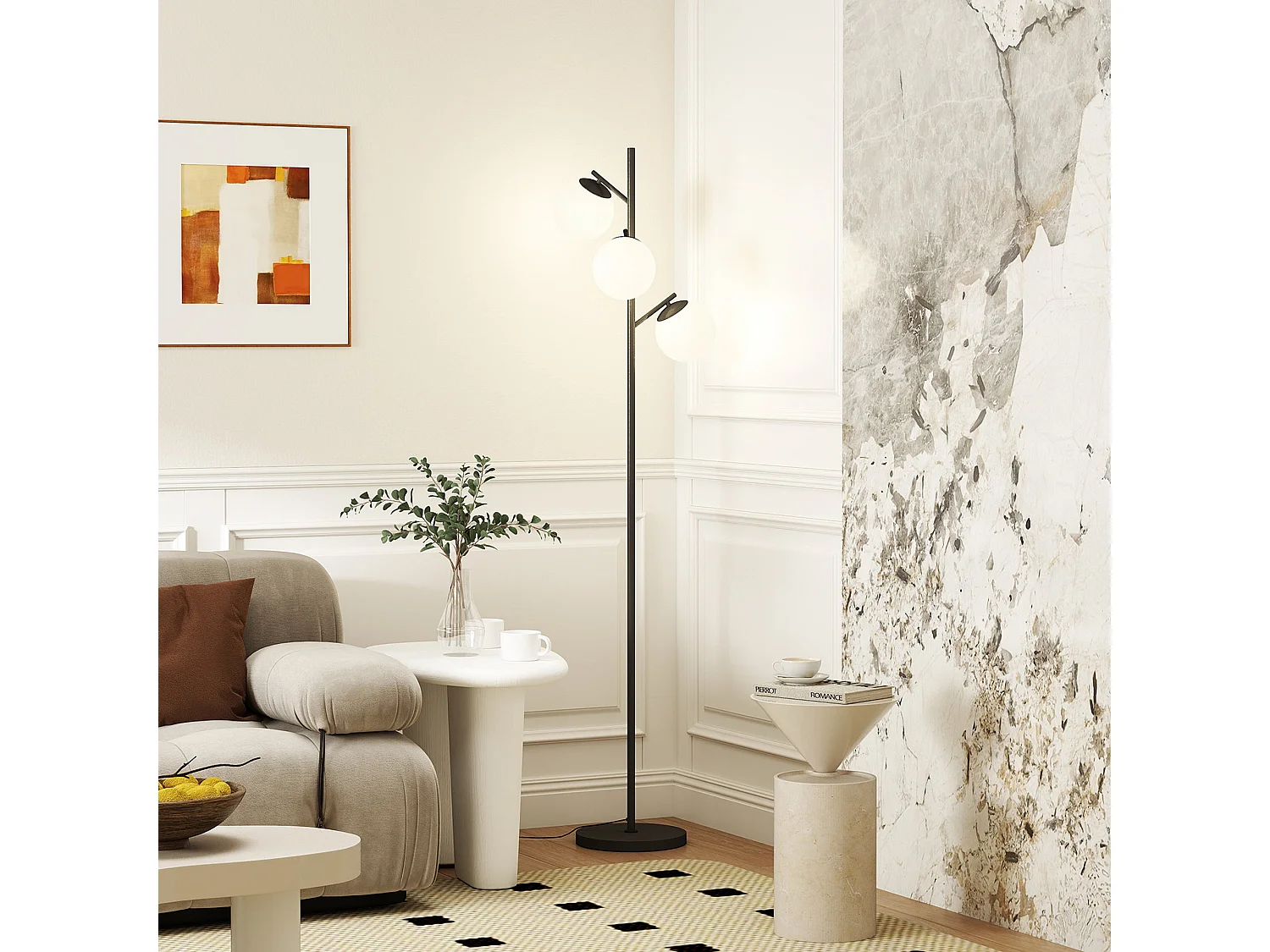 Dorizi 3 Light Black Metal Floor Lamp with Globe Glass Shades and Steel Base