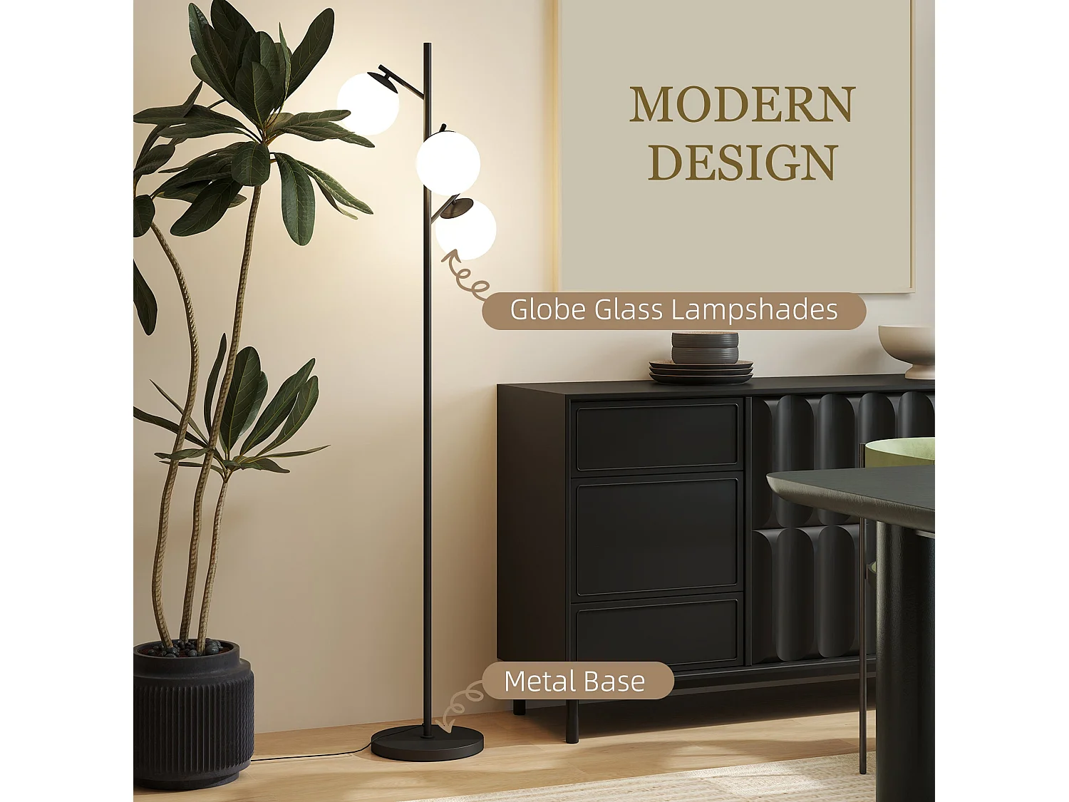 Dorizi 3 Light Black Metal Floor Lamp with Globe Glass Shades and Steel Base