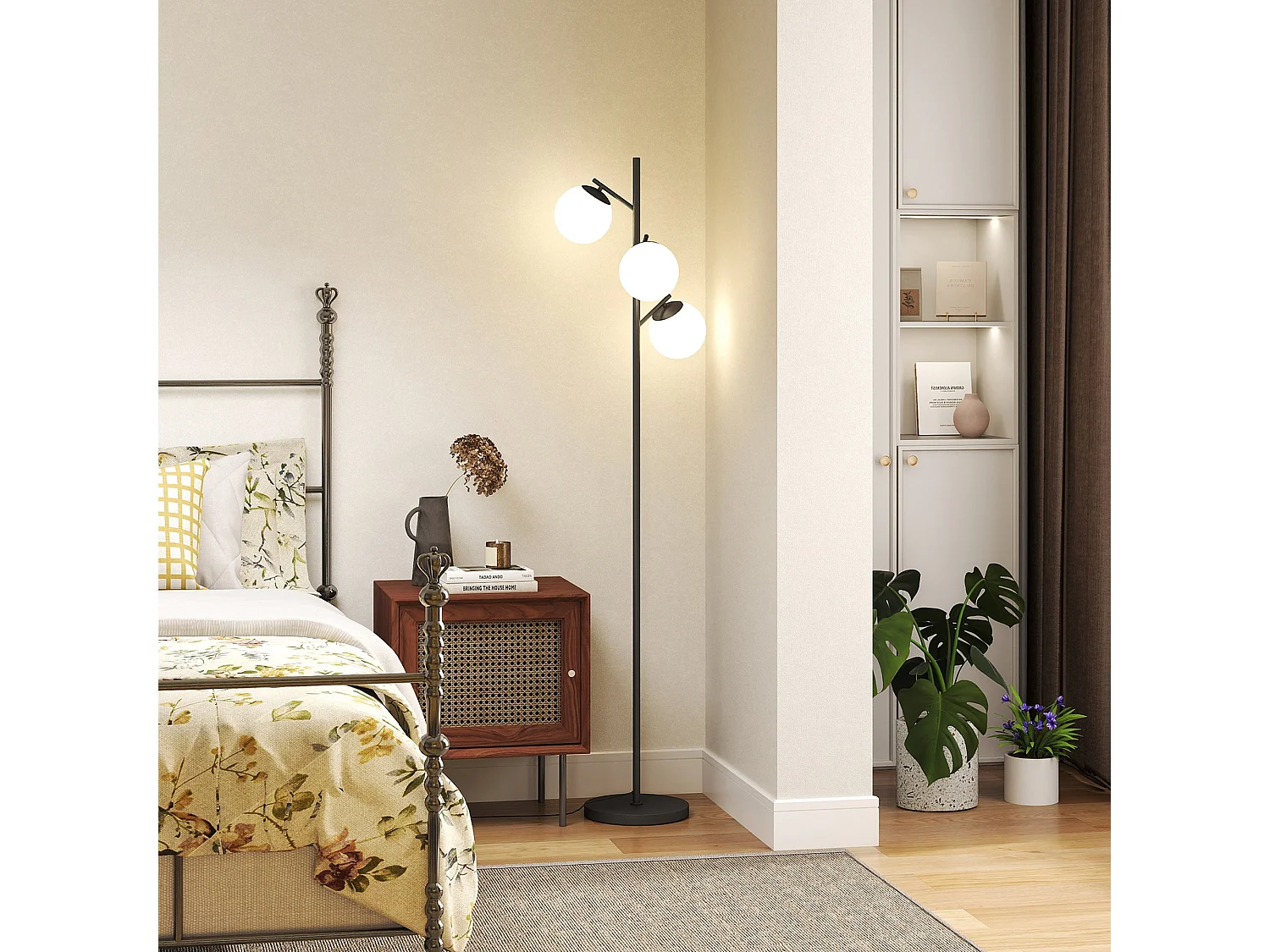 Dorizi 3 Light Black Metal Floor Lamp with Globe Glass Shades and Steel Base