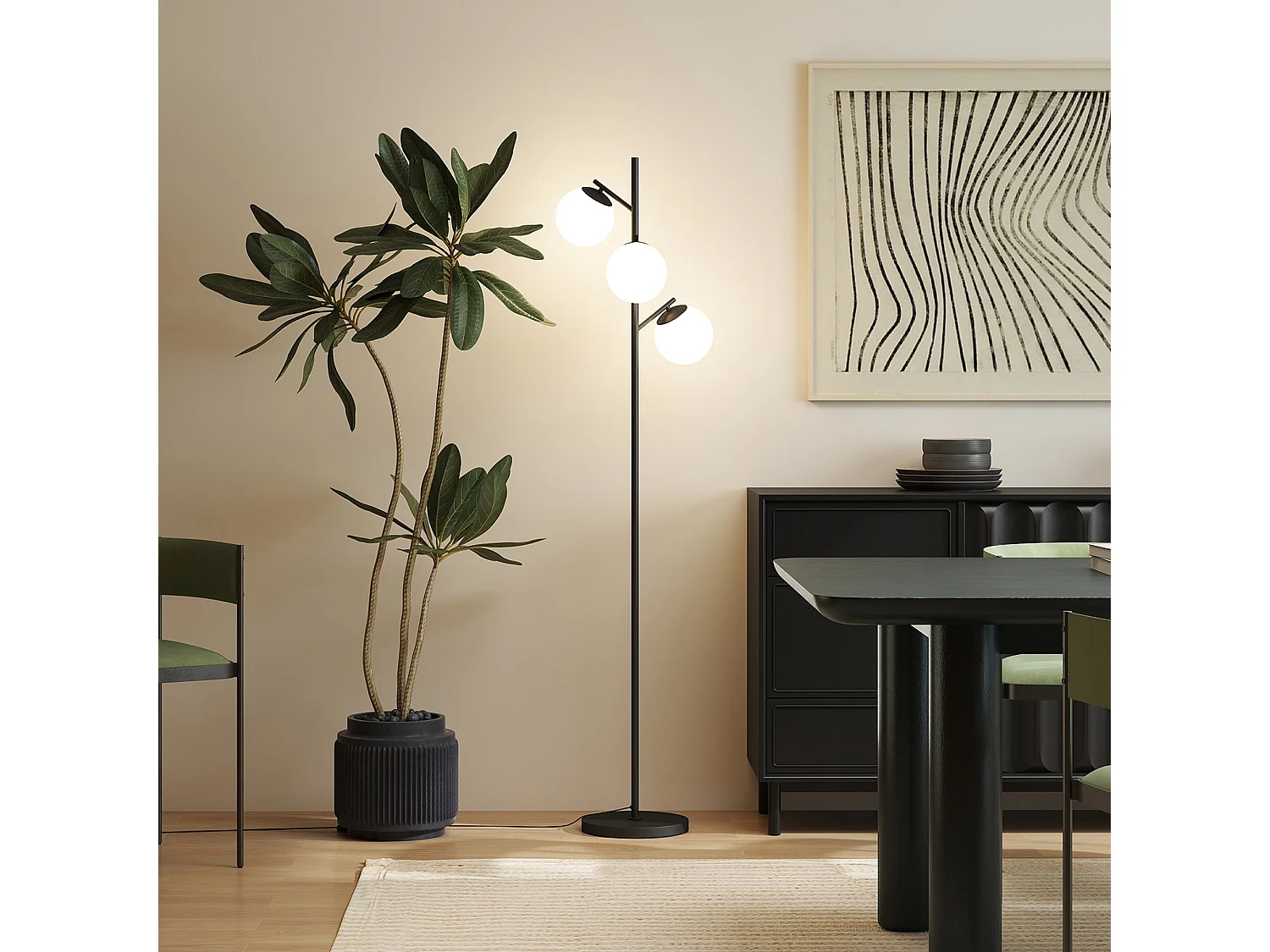 Dorizi 3 Light Black Metal Floor Lamp with Globe Glass Shades and Steel Base