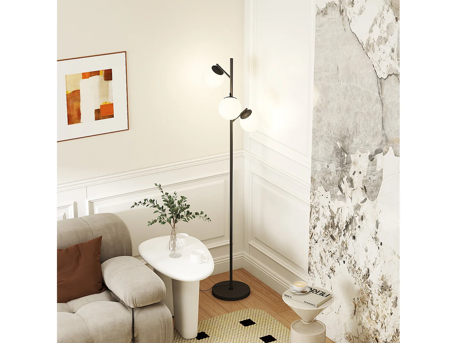 Dorizi 3 Light Black Metal Floor Lamp with Globe Glass Shades and Steel Base