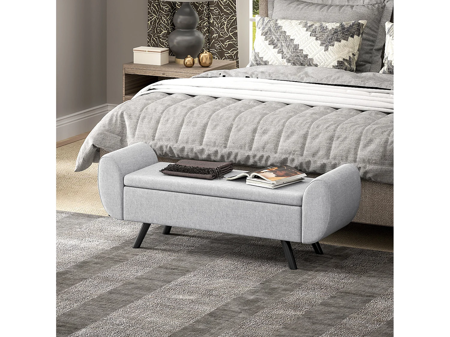 Nesama Linen Lift Top Storage Bench with Armrests Light Grey
