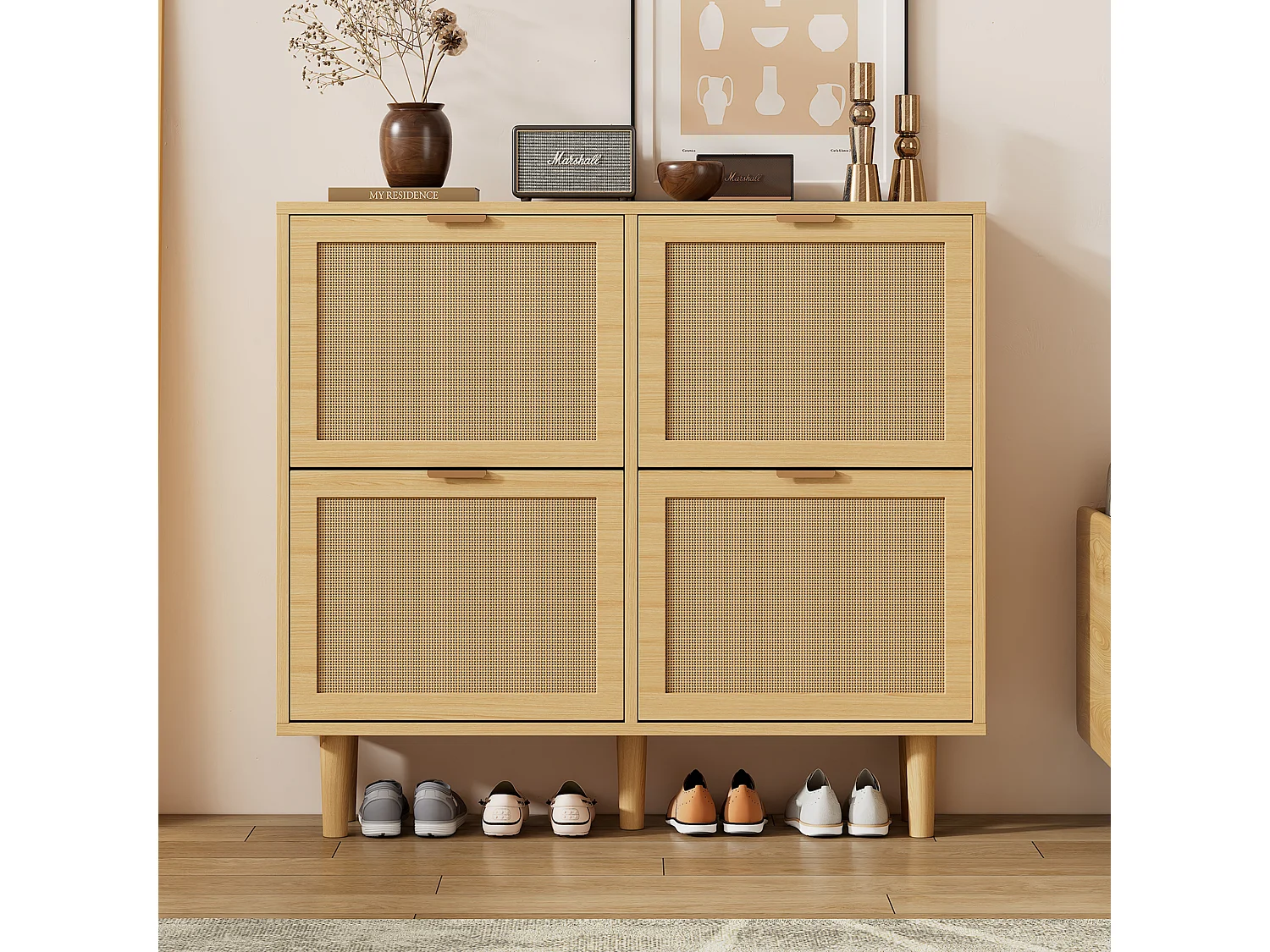 Shoe cabinet in wood and rattan - 4 drop-down doors - Natural