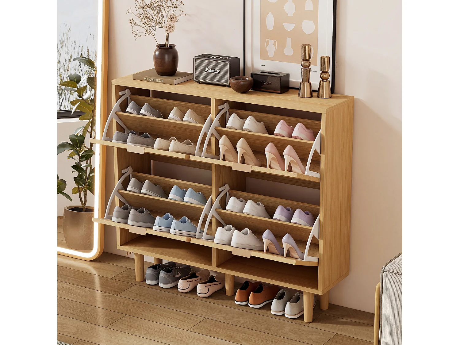 Shoe cabinet in wood and rattan - 4 drop-down doors - Natural
