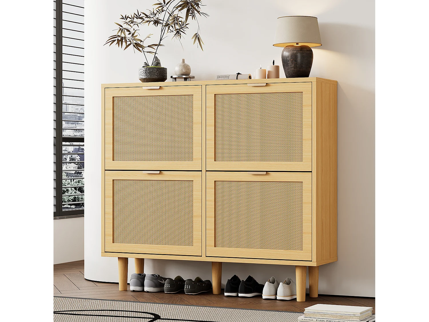 Shoe cabinet in wood and rattan - 4 drop-down doors - Natural