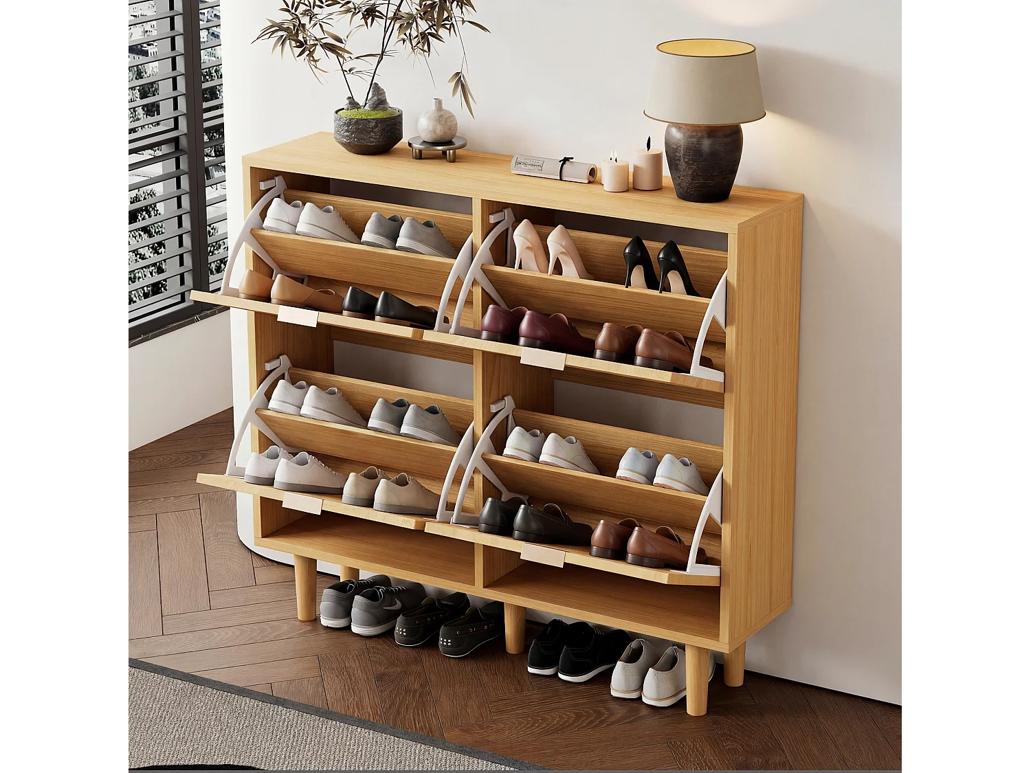 Shoe cabinet in wood and rattan - 4 drop-down doors - Natural