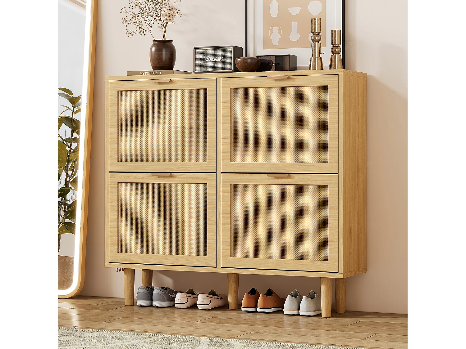 Shoe cabinet in wood and rattan - 4 drop-down doors - Natural