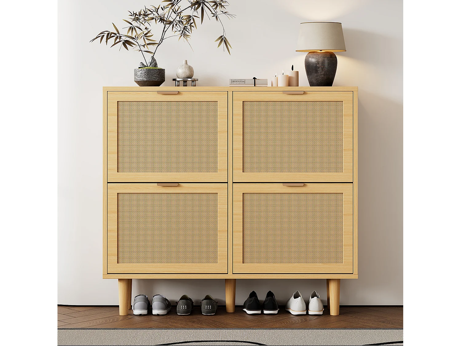 Shoe cabinet in wood and rattan - 4 drop-down doors - Natural