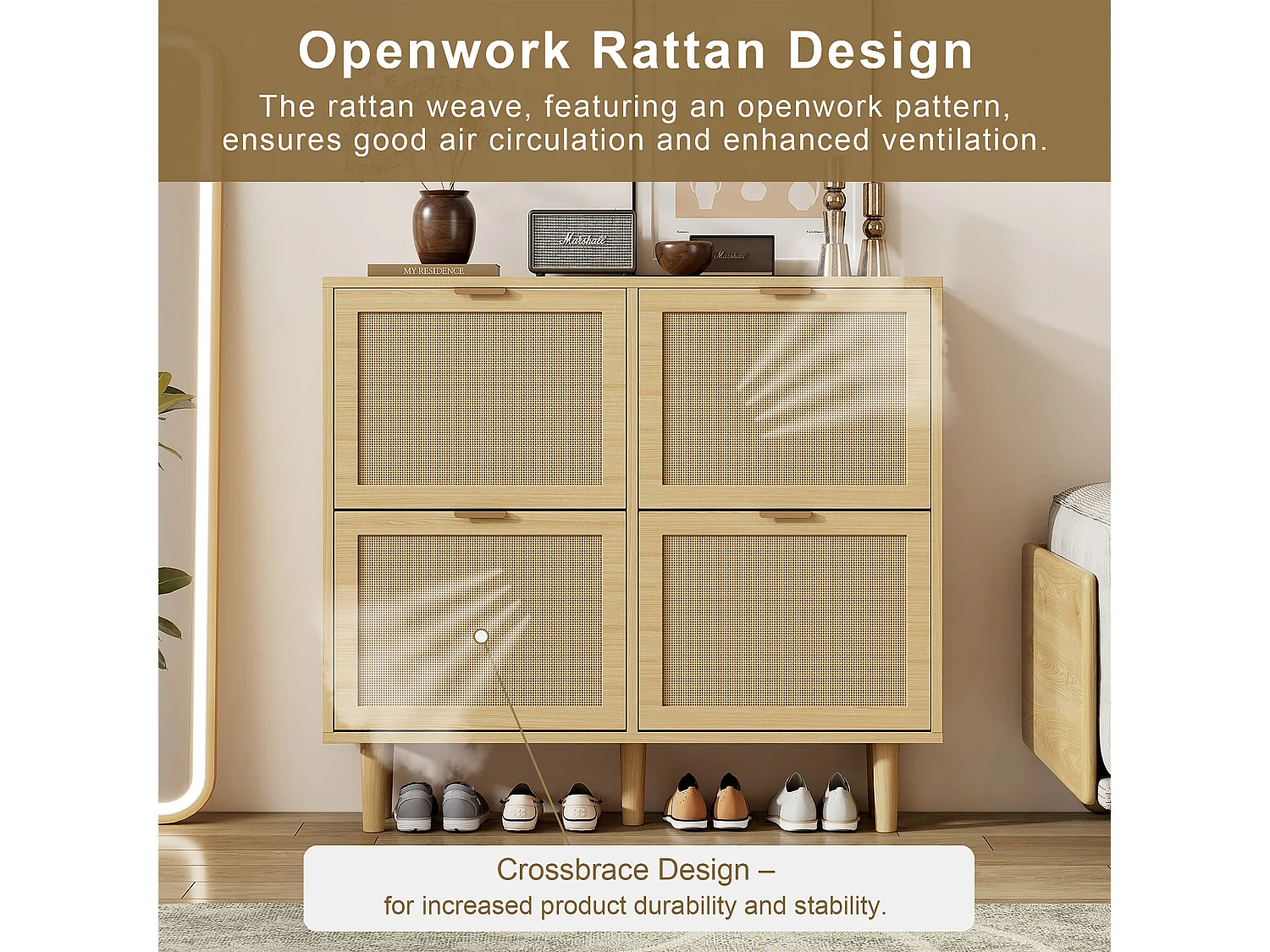 Shoe cabinet in wood and rattan - 4 drop-down doors - Natural