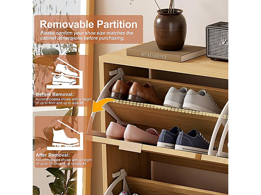Shoe cabinet in wood and rattan - 4 drop-down doors - Natural