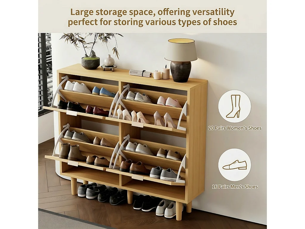Shoe cabinet in wood and rattan - 4 drop-down doors - Natural