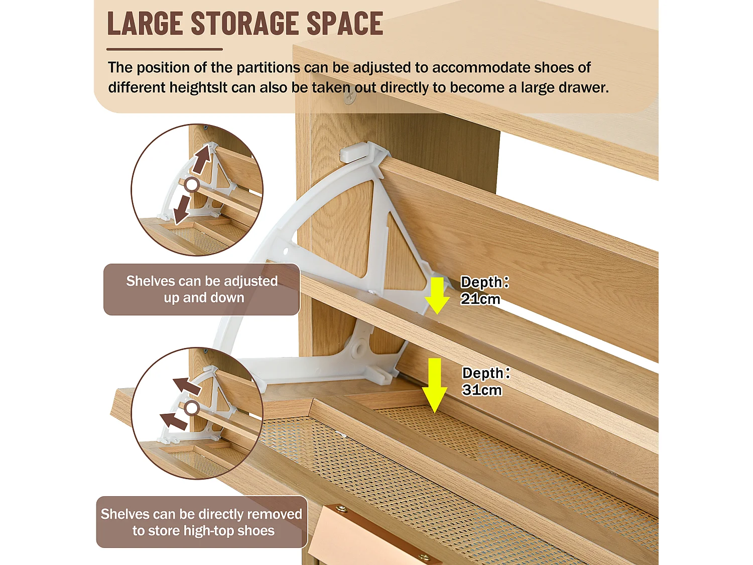 Shoe cabinet in wood and rattan - 4 drop-down doors - Natural