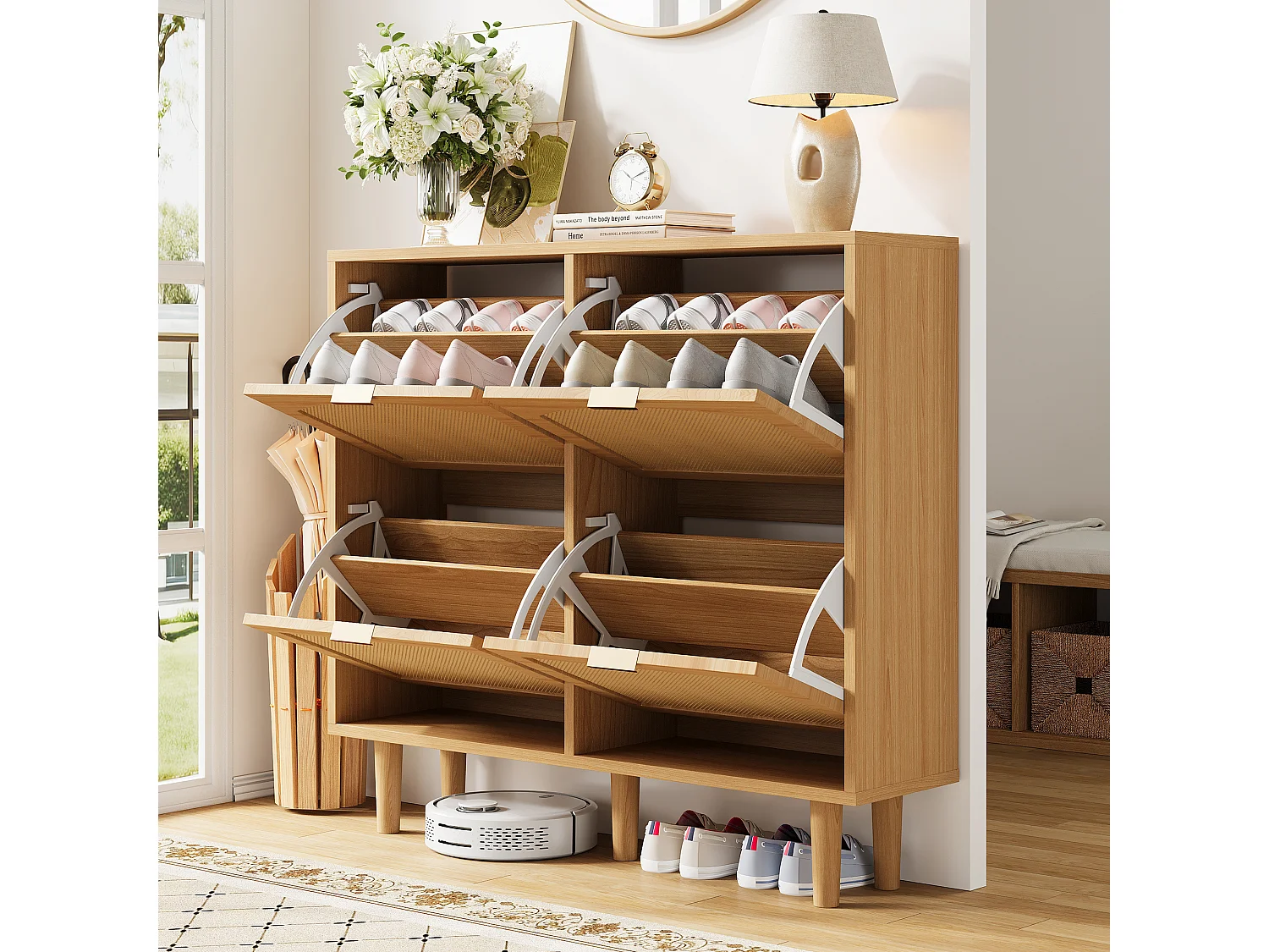 Shoe cabinet in wood and rattan - 4 drop-down doors - Natural