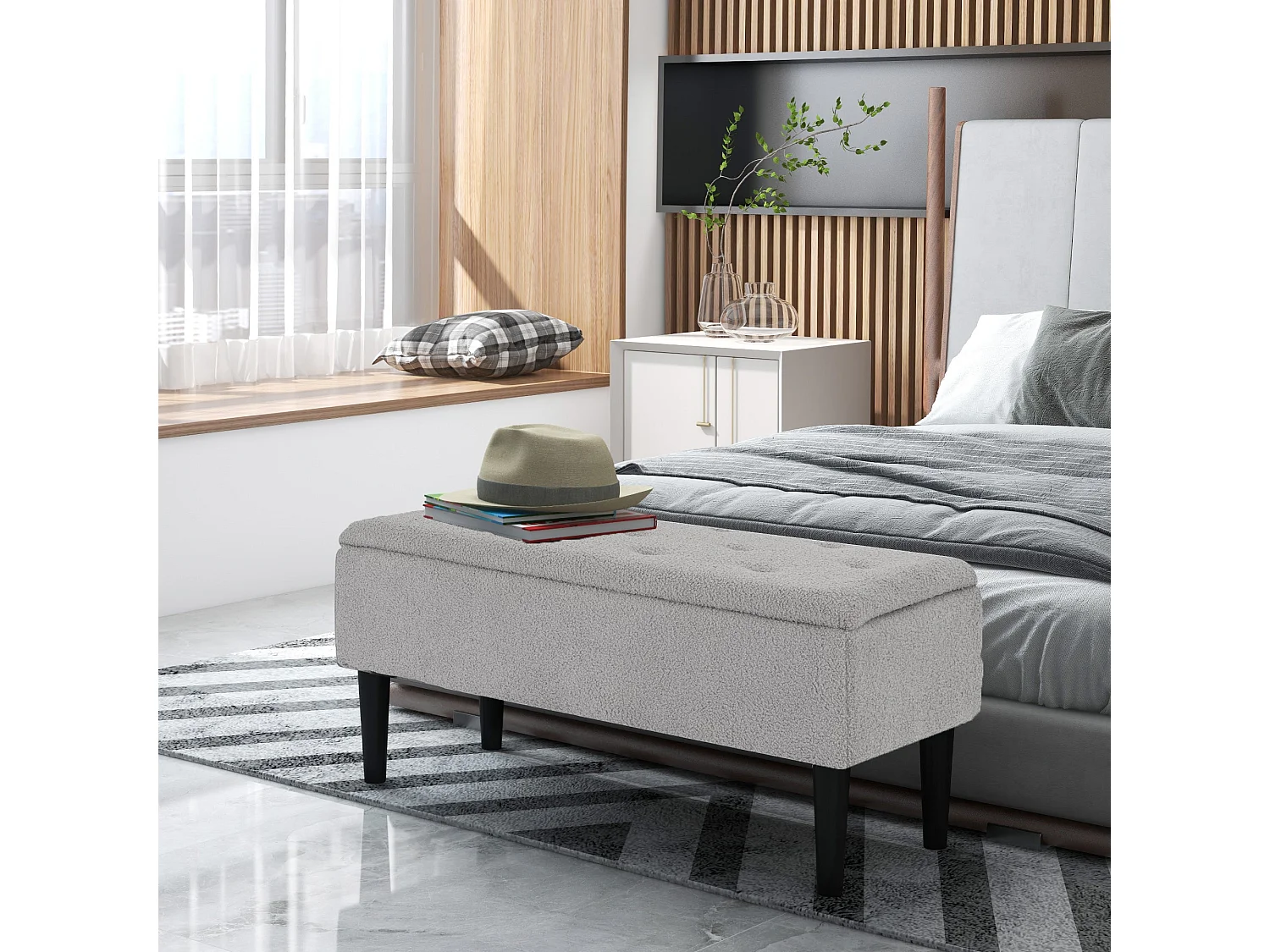 Vemovi Grey Fabric Storage Ottoman Bench with Wooden Legs 57 Litre