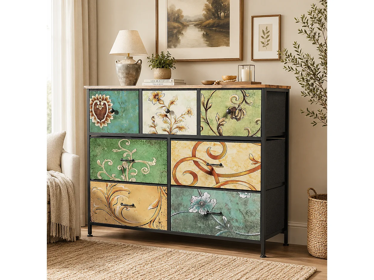 Commode à 7 Tiroirs 100x30x78 cm, Commode Chambre avec tiroirs en Tissu, Meuble de Rangement, avec Plateau en Bois, pour Salon, Chambre à Coucher