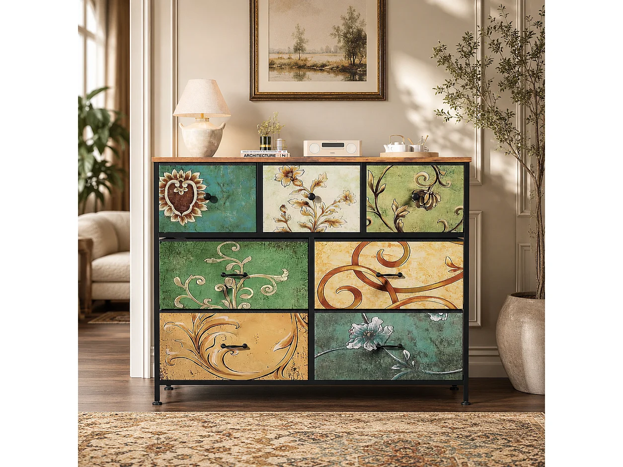 Commode à 7 Tiroirs 100x30x78 cm, Commode Chambre avec tiroirs en Tissu, Meuble de Rangement, avec Plateau en Bois, pour Salon, Chambre à Coucher