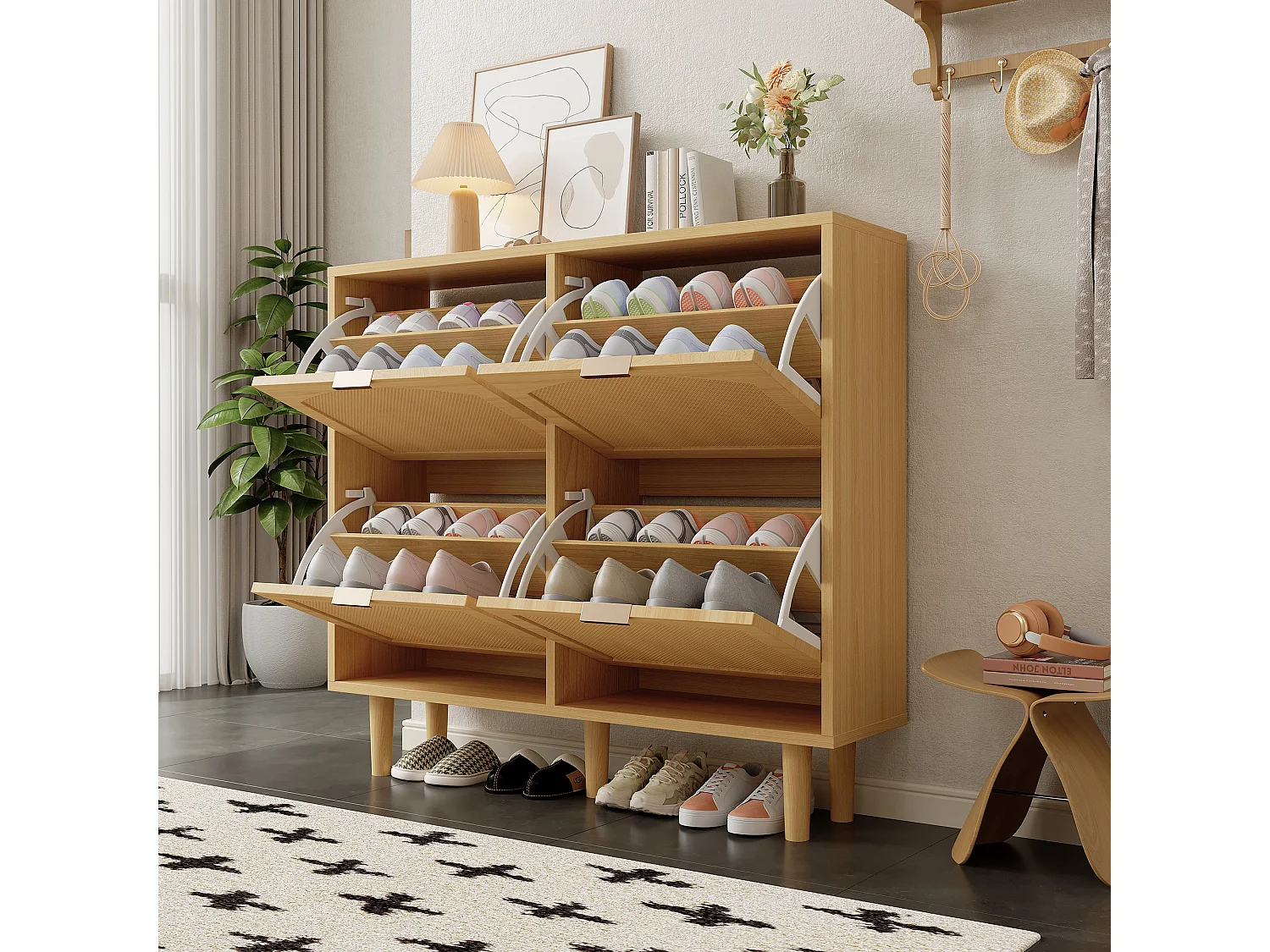 Wood and Rattan Shoe Cabinet - 4 Drop-Down Doors - Natural