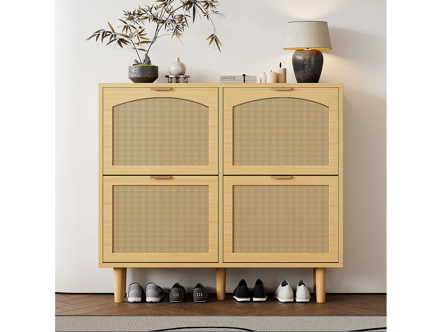 Wood and Rattan Shoe Cabinet - 4 Drop-Down Doors - Natural