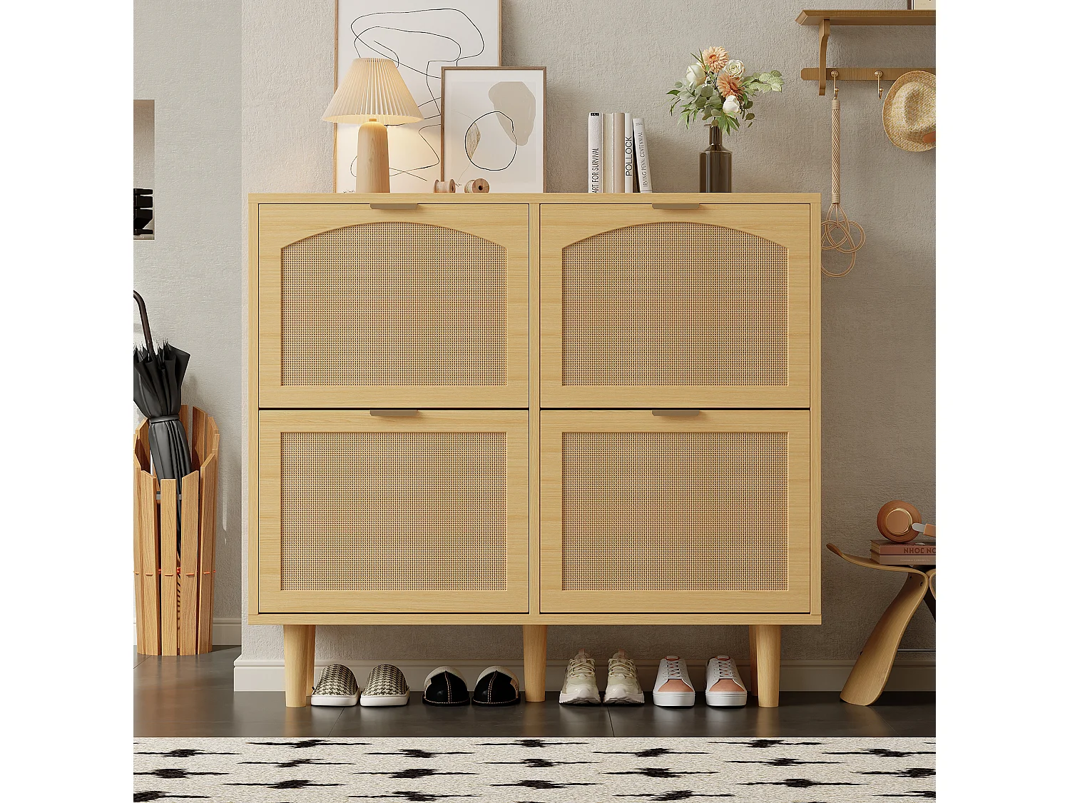 Wood and Rattan Shoe Cabinet - 4 Drop-Down Doors - Natural