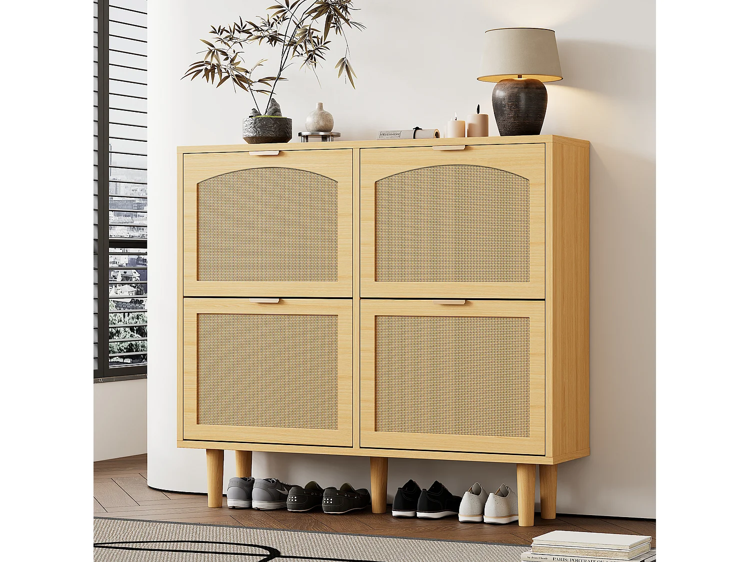 Wood and Rattan Shoe Cabinet - 4 Drop-Down Doors - Natural