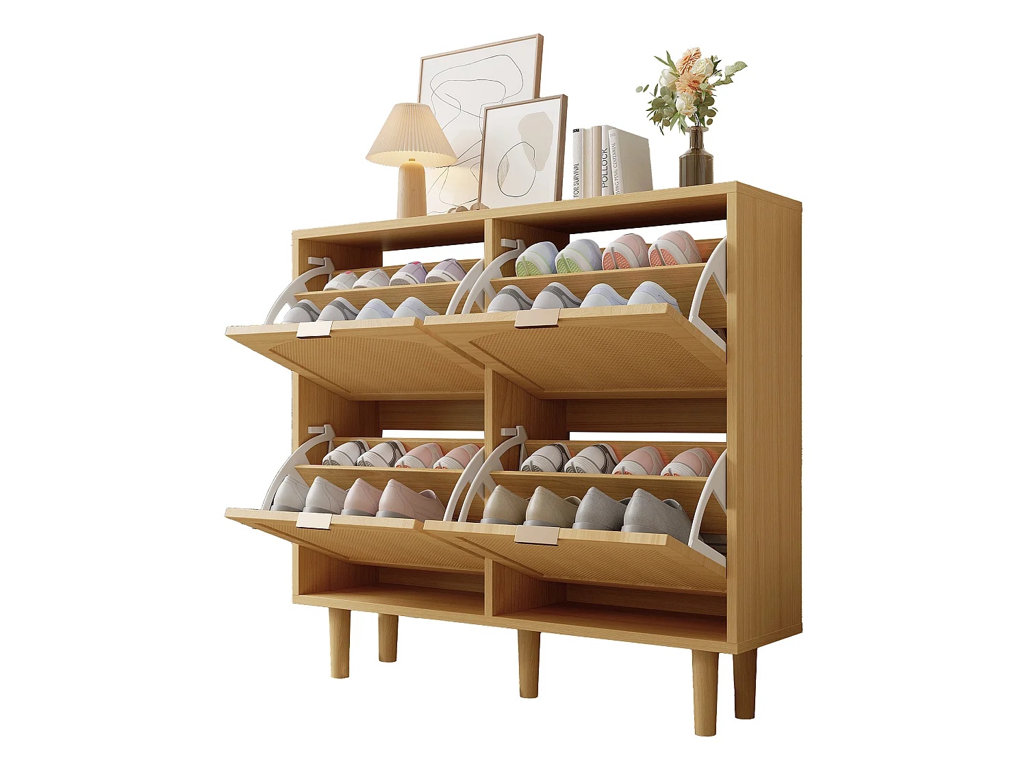 Wood and Rattan Shoe Cabinet - 4 Drop-Down Doors - Natural