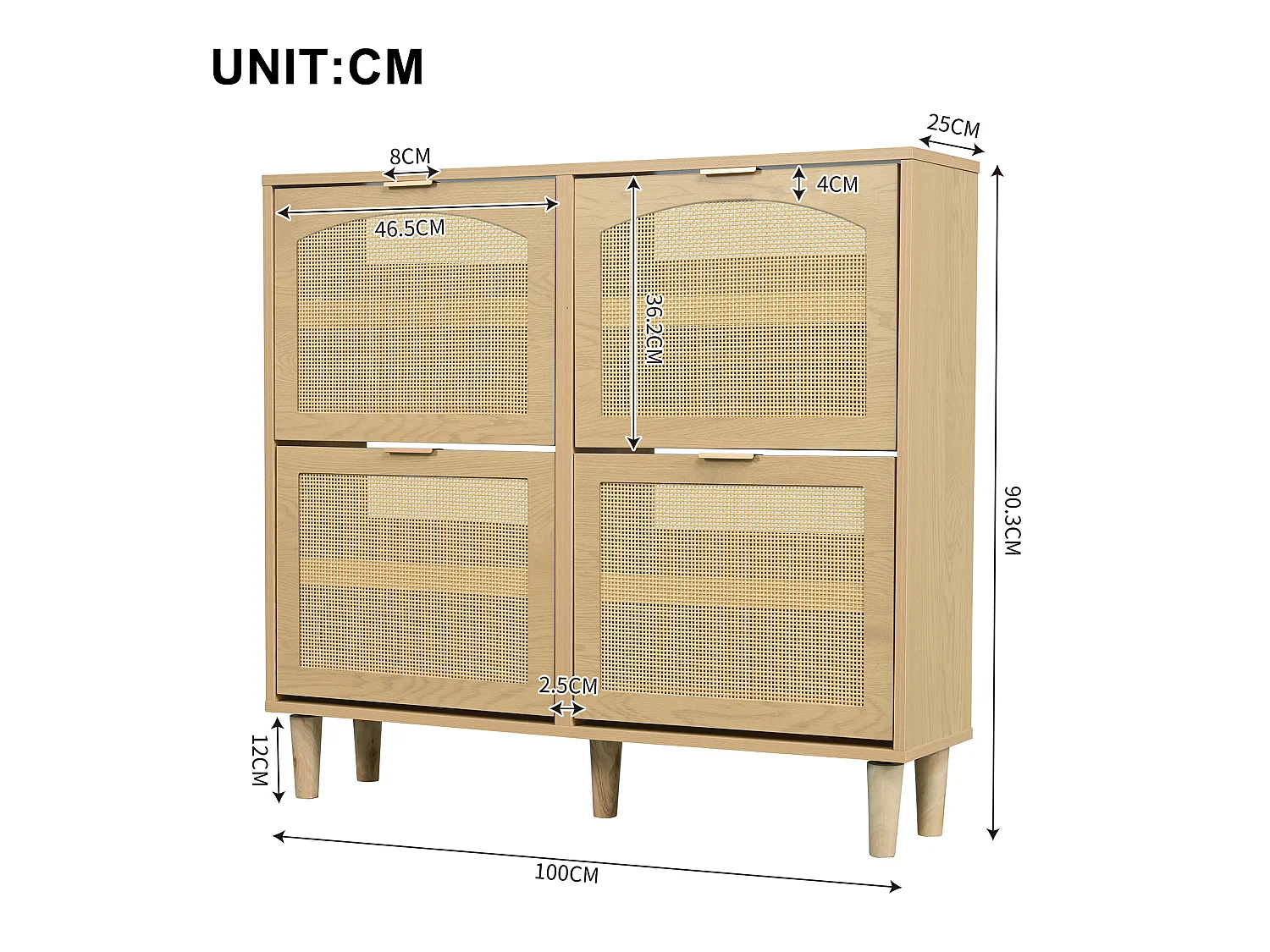 Wood and Rattan Shoe Cabinet - 4 Drop-Down Doors - Natural