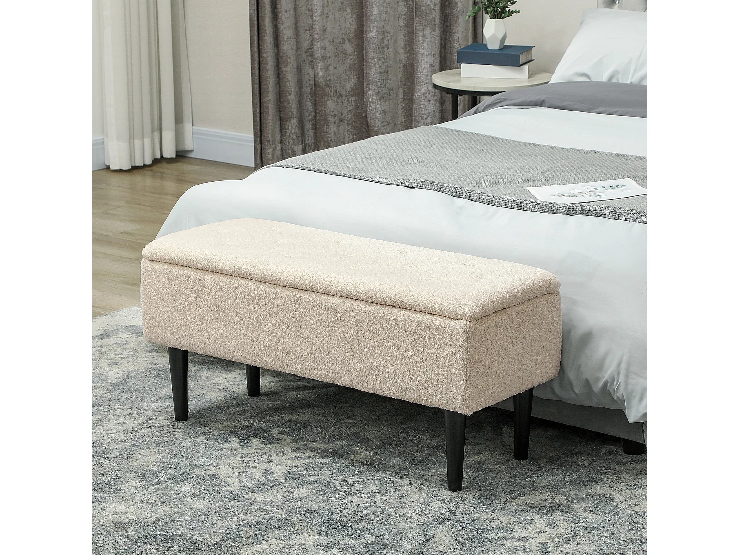 Nevano Bouclé Cream Storage Ottoman Teddy Fleece Bench with Lift Up Compartment