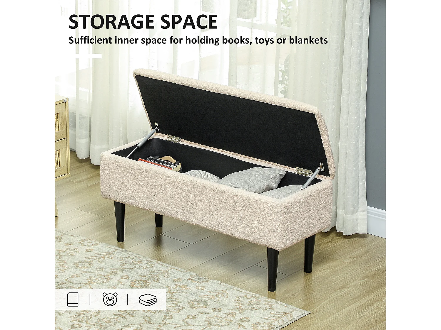 Nevano Bouclé Cream Storage Ottoman Teddy Fleece Bench with Lift Up Compartment
