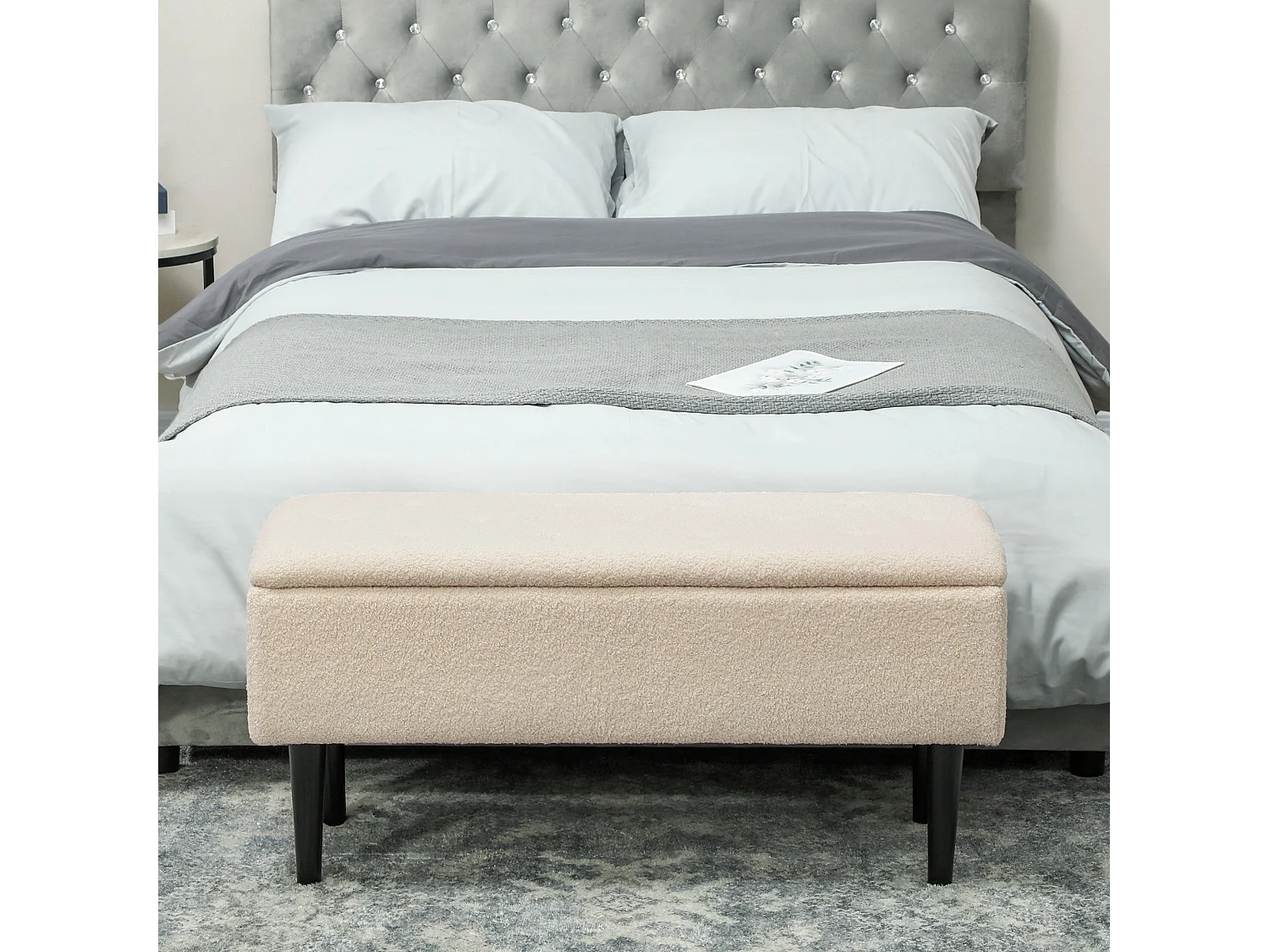Nevano Bouclé Cream Storage Ottoman Teddy Fleece Bench with Lift Up Compartment