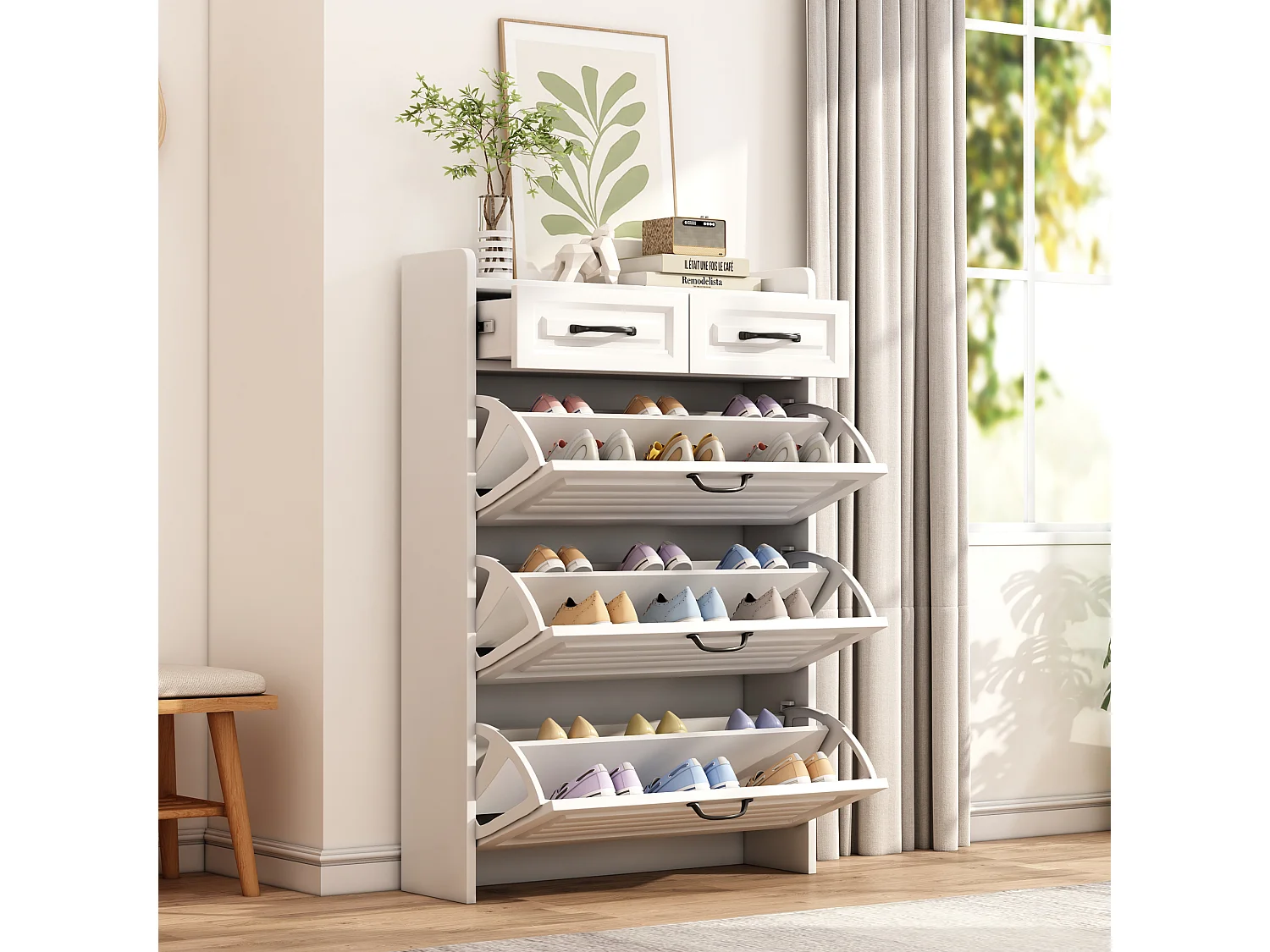 Shoe cabinet in particleboard - 3 drop-down doors and 2 drawers - White