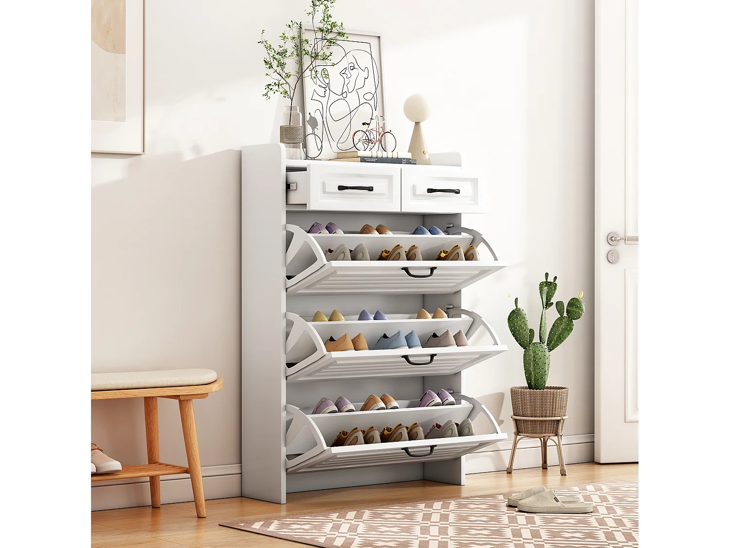Shoe cabinet in particleboard - 3 drop-down doors and 2 drawers - White
