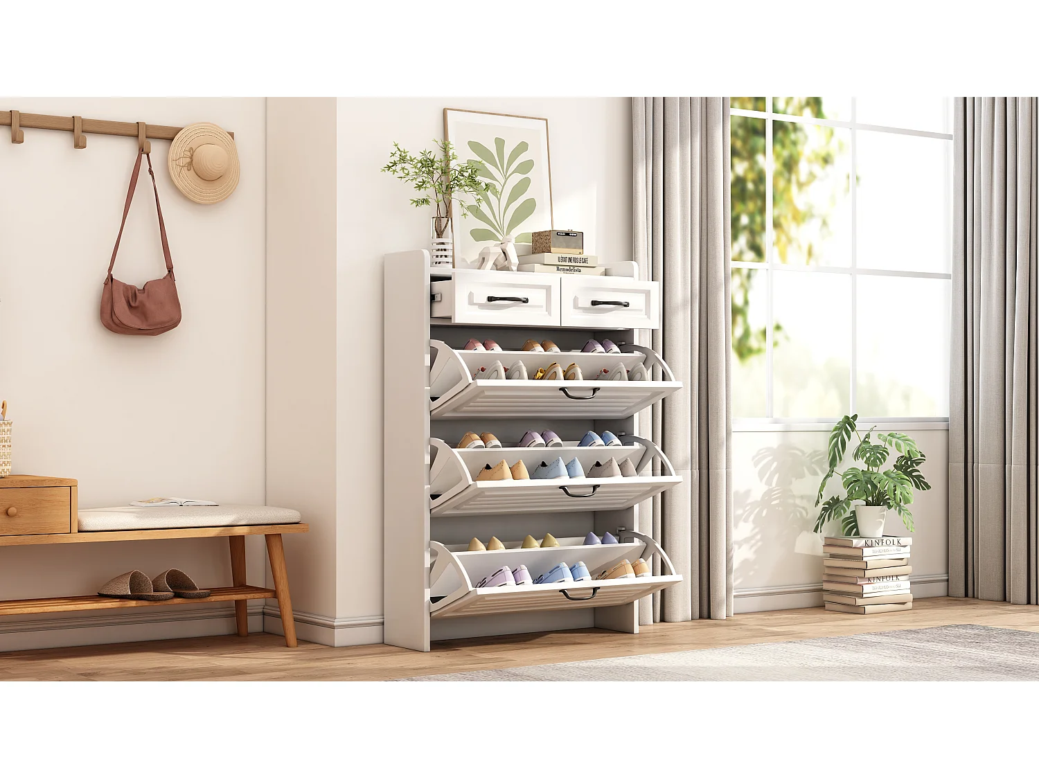 Shoe cabinet in particleboard - 3 drop-down doors and 2 drawers - White