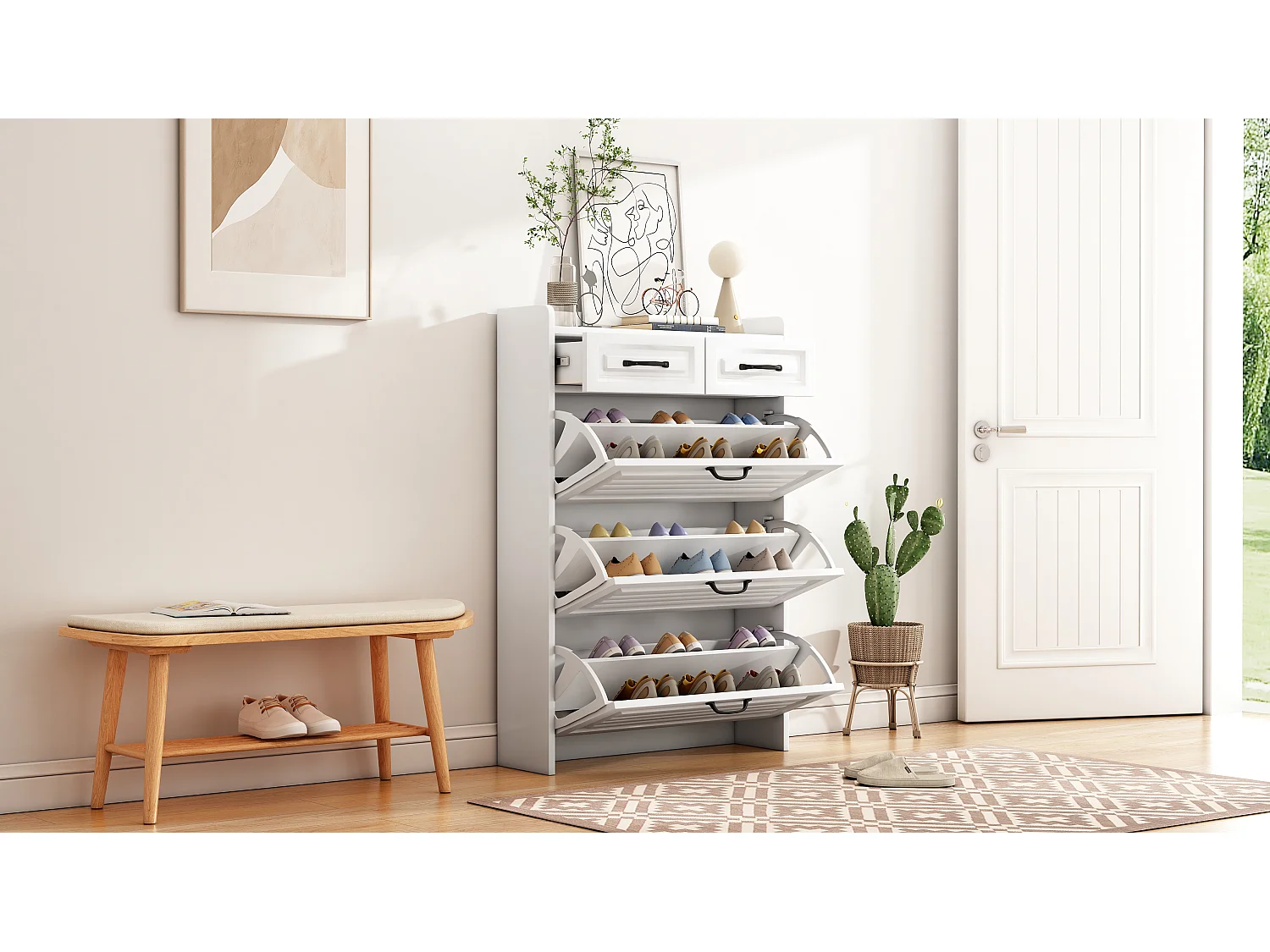 Shoe cabinet in particleboard - 3 drop-down doors and 2 drawers - White