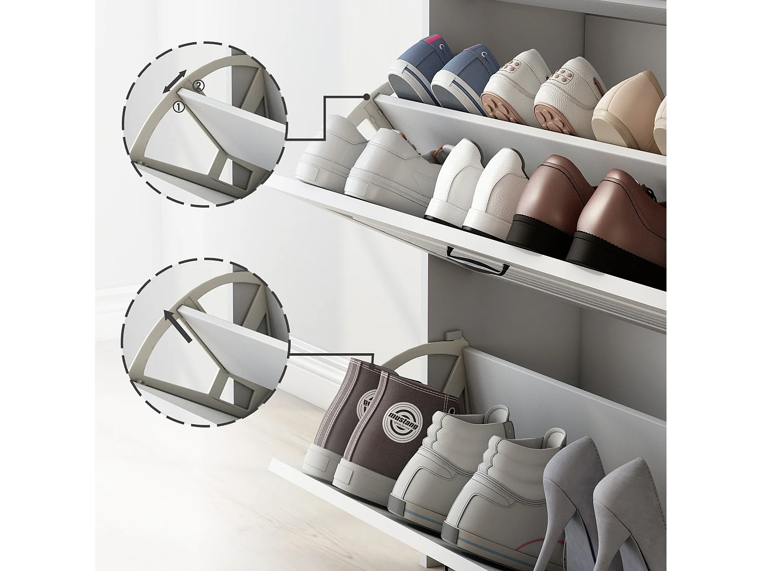 Shoe cabinet in particleboard - 3 drop-down doors and 2 drawers - White