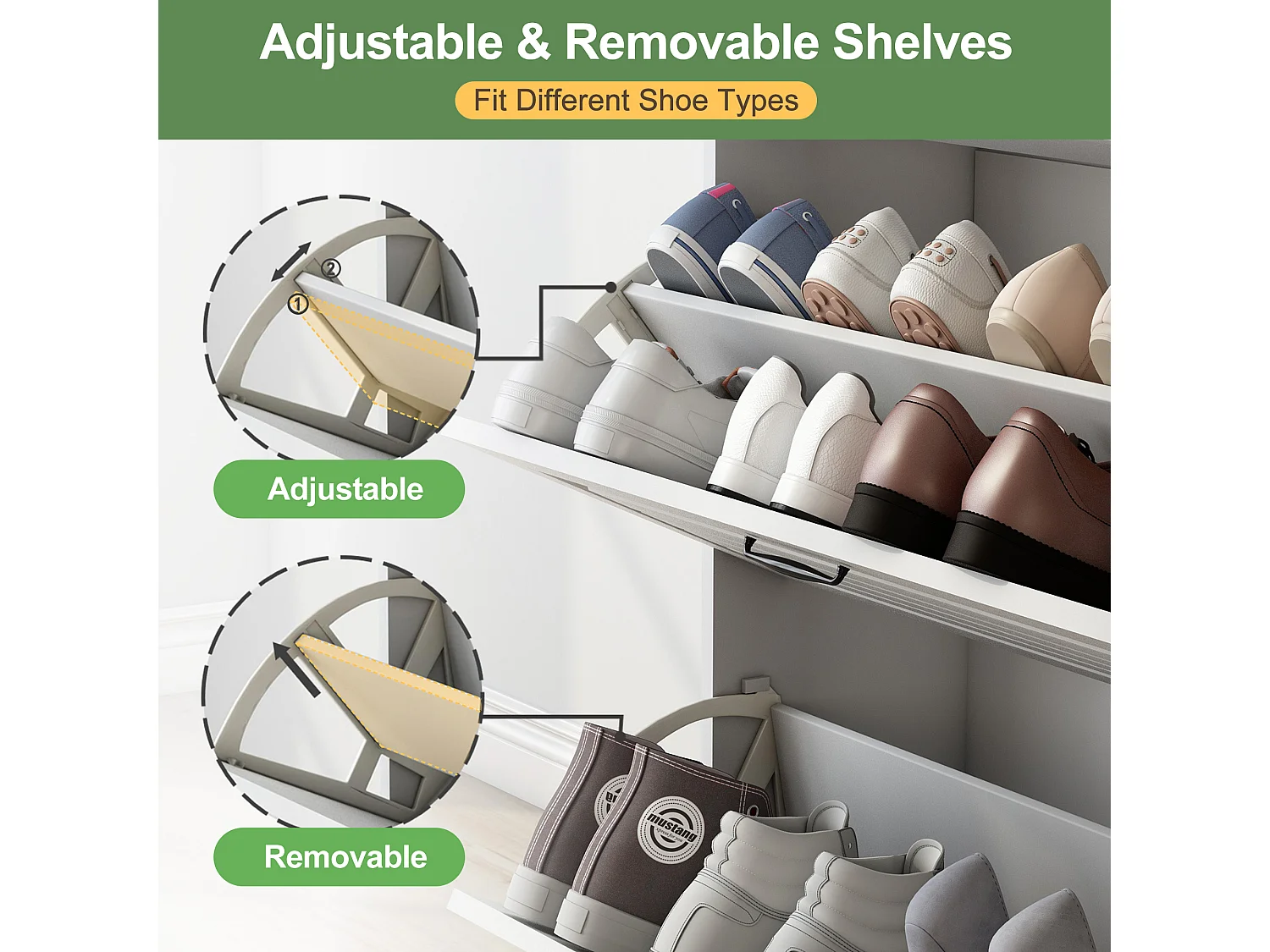 Shoe cabinet in particleboard - 3 drop-down doors and 2 drawers - White